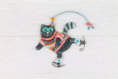 Handmade Glass Wall Art of Grey Cat Skating in Orange Sweater - Personalized Gift, Grey , 13 cm