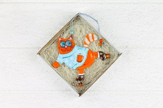 Handmade Glass Wall Art of Orange Cat Skating in Blue Sweater - Personalized Gift, Orange, 13 cm