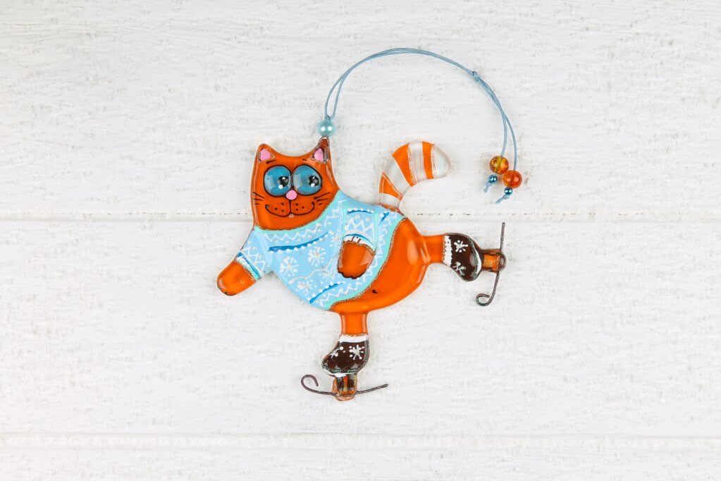 Handmade Glass Wall Art of Orange Cat Skating in Blue Sweater - Personalized Gift, Orange, 13 cm