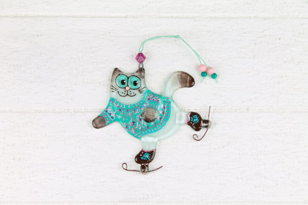 Handmade Glass Wall Art of White Cat Skating in Mint Sweater - Personalized Gift, Orange, 13 cm