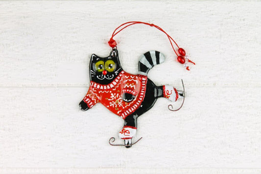 Handmade Glass Wall Art of Black Cat Skating in Red Sweater - Personalized Gift, Orange, 13 cm