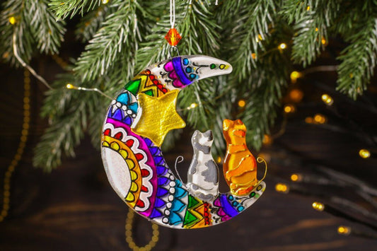 Handmade Cats on the Moon Glass Decoration - Two Cats Seated on Moon under Yellow Star, Colorful, 15 cm