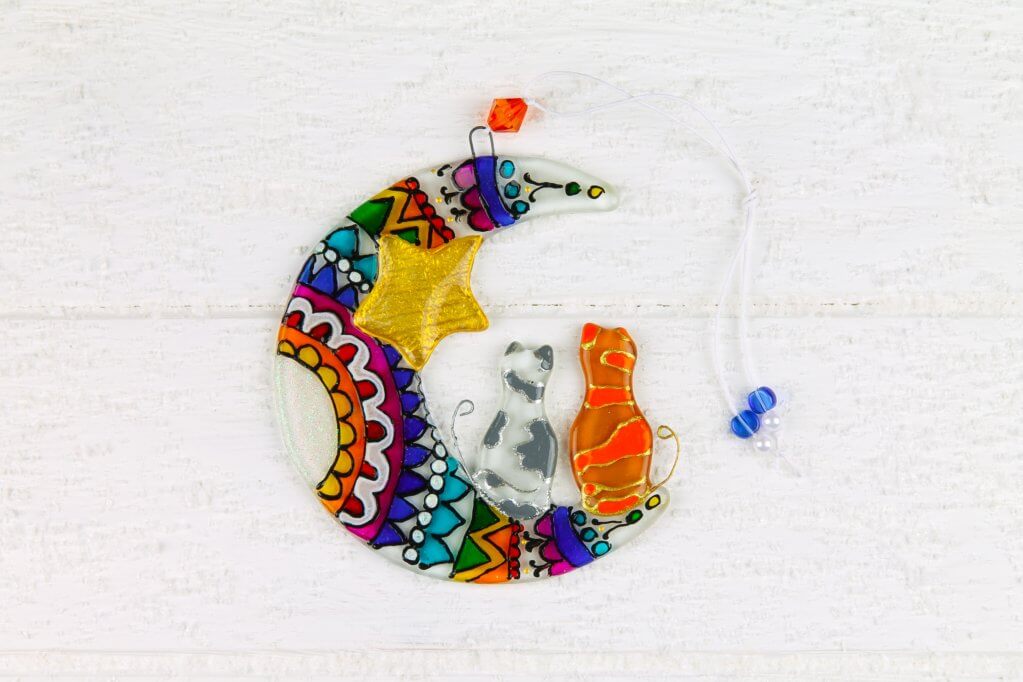Handmade Cats on the Moon Glass Decoration - Two Cats Seated on Moon under Yellow Star, Colorful, 15 cm