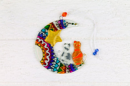 Handmade Cats on the Moon Glass Decoration - Two Cats Seated on Moon under Yellow Star, Colorful, 15 cm