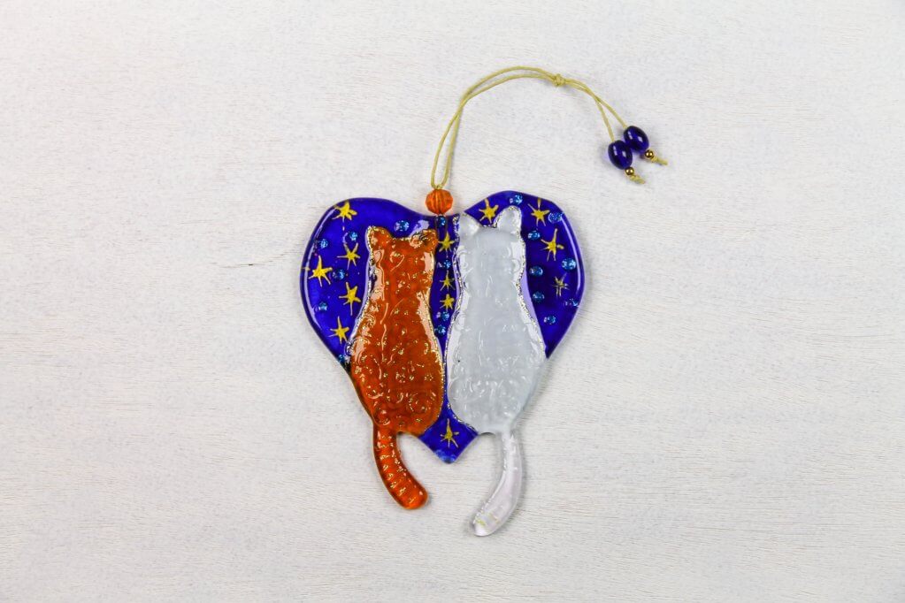 Handmade Cats on Blue Heart with Stars Glass Decoration - White and Orange Cats in Love, 13 cm