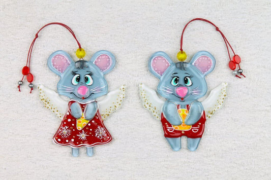 "Pair of Angel Mice Glass Wall Art - Handmade Personalized Gift, 2-piece Set, 13 cm