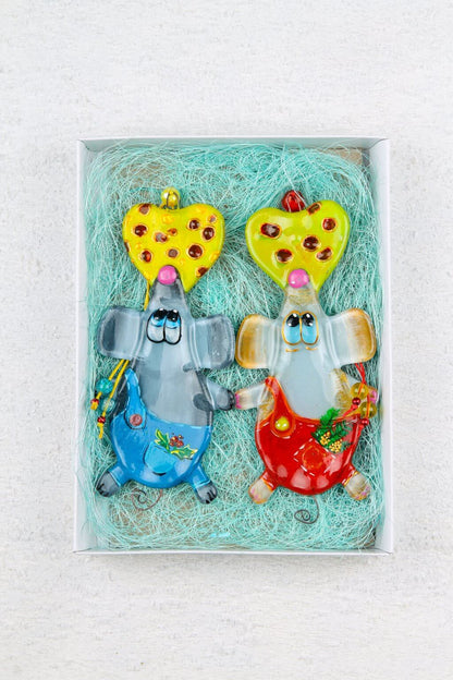 Handmade Glass Wall Art of Blue Overall Mouse with Cheese - Personalized Gift, 15 cm