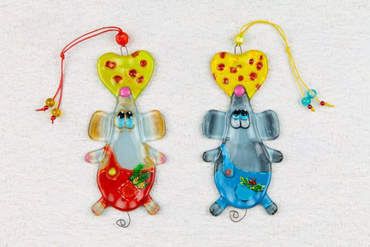 Handmade Glass Wall Art of Blue Overall Mouse with Cheese - Personalized Gift, 15 cm