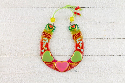 Hand-Painted Lucky Horseshoe with Hearts Wall Art - Red & Gold, 16 cm, Symbol of Good Luck and Prosperity