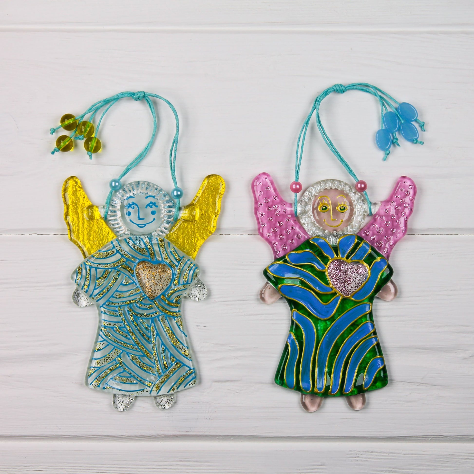 Guardian Angel of Love with Red Heart Glass Wall Art in White & Gold - Handmade Fused-Glass Decor with Vibrant Colors and Intricate Patterns