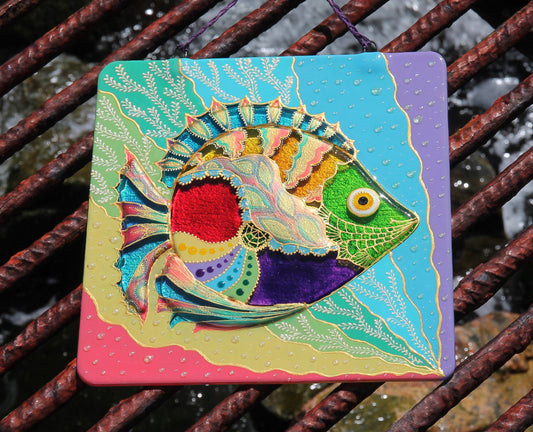 Fish Glass Panel Wall Art - Hand-Painted Fused-Glass Panel with Vibrant Colors and Playful Patterns, Green, 26 cm