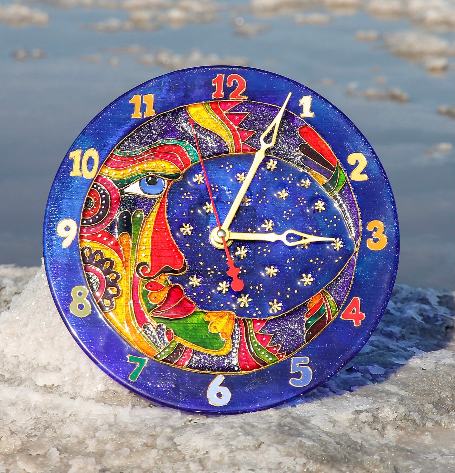 Clock Moon Glass Artwork - Hand-Painted Fused-Glass Clock with Celestial Patterns, 30 cm