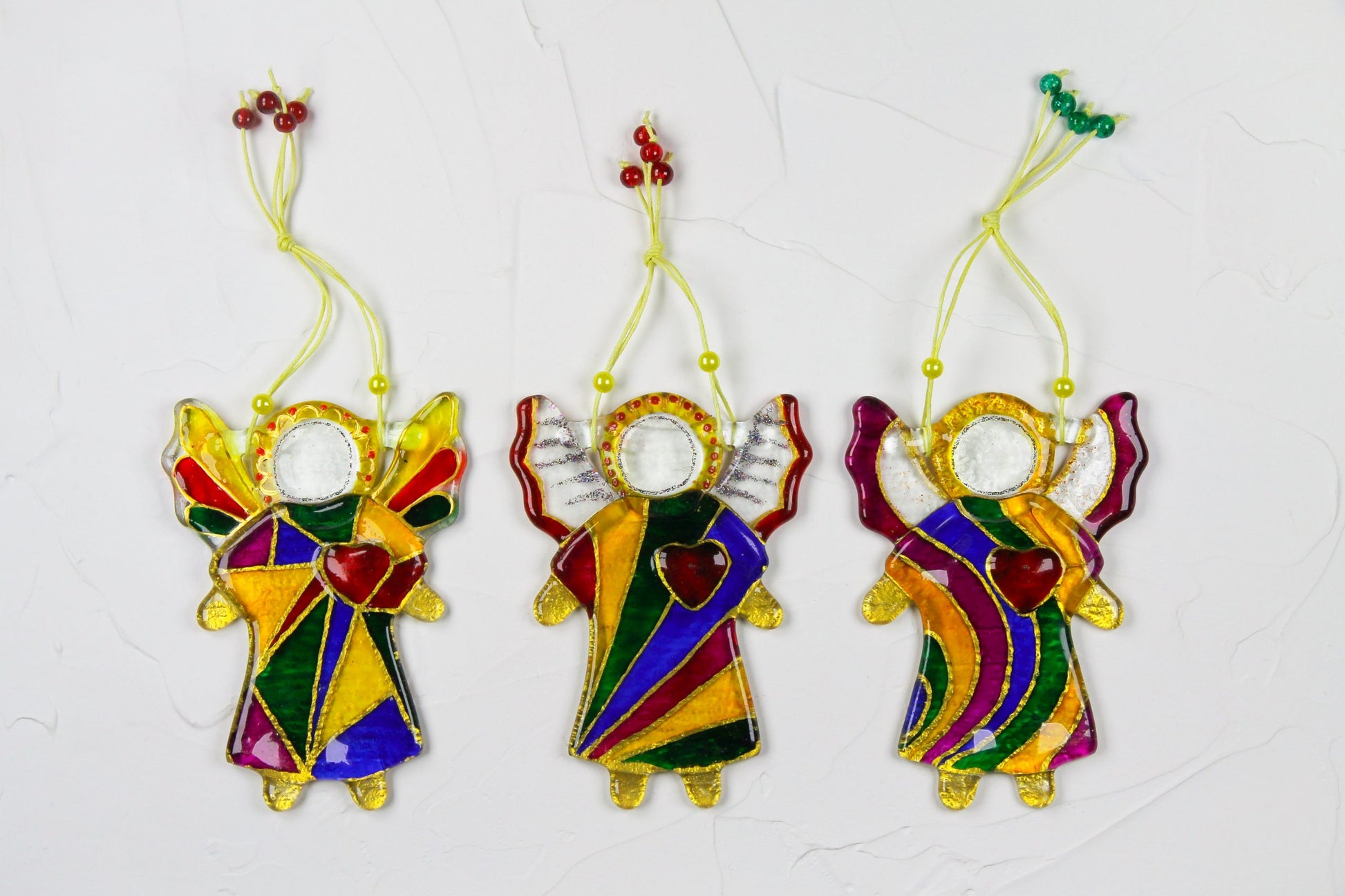 Guardian Angel of Love with Red Heart Glass Wall Art Suncatcher in Multicolored Lines - Handmade Fused-Glass Decor with Vibrant Colors and Intricate Patterns