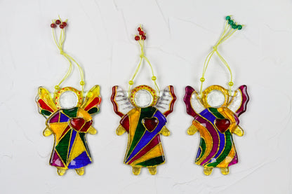 Guardian Angel of Love with Red Heart Glass Wall Art Suncatcher in Multicolored Lines - Handmade Fused-Glass Decor with Vibrant Colors and Intricate Patterns