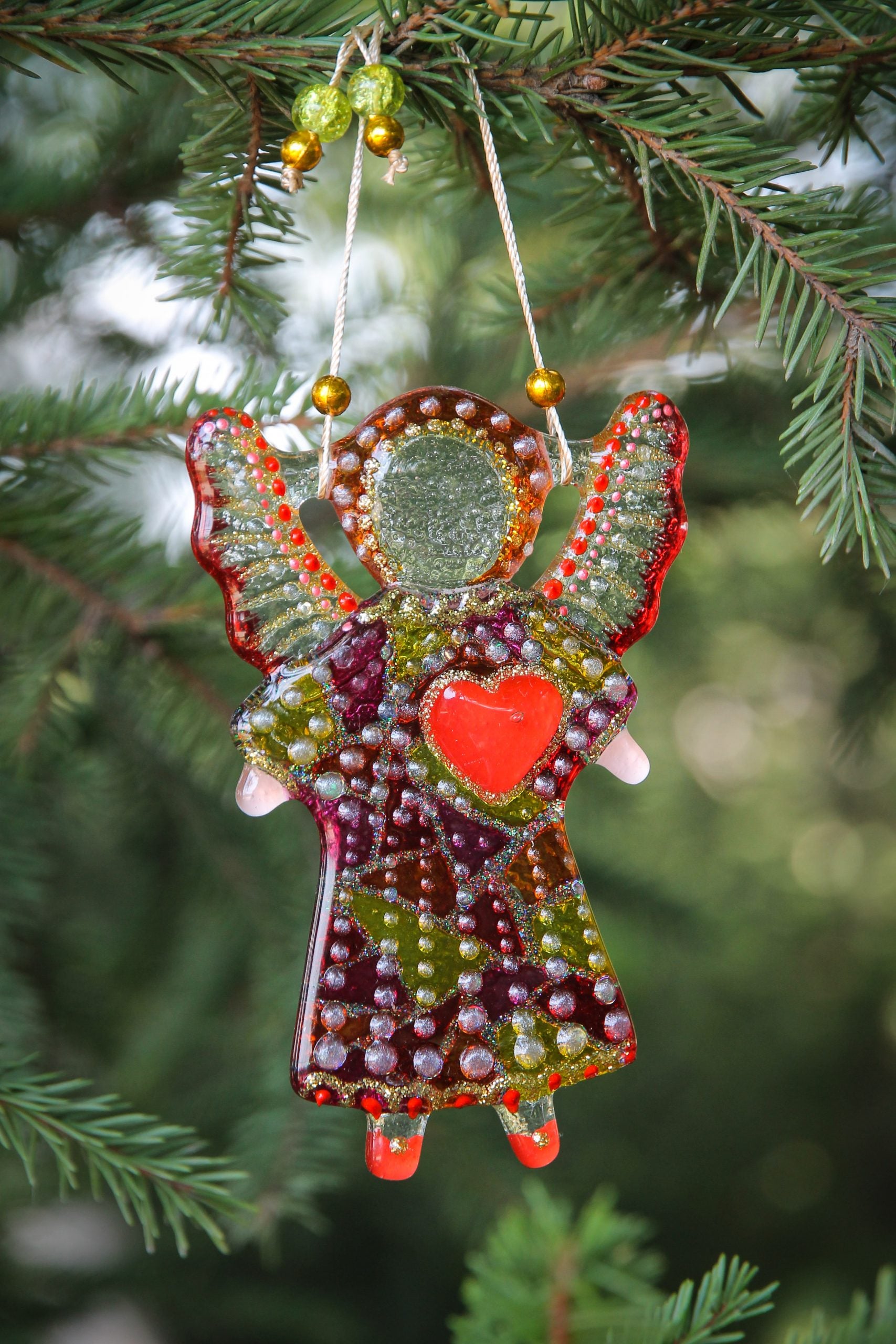 Guardian Angel of Love with Red Heart Glass Wall Art in Mosaic & Dots - Handmade Fused-Glass Decor with Vibrant Colors and Intricate Patterns