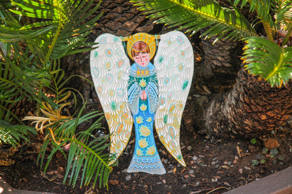 Big Guardian AngelGlass Wall Art in Light Blue - Handmade Fused-Glass Decor with Vibrant Colors and Intricate Patterns