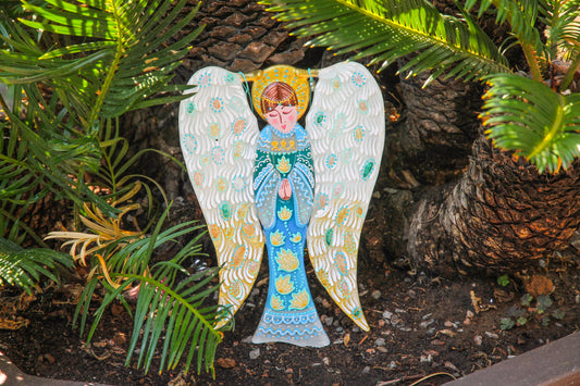 Big Guardian AngelGlass Wall Art in Light Blue - Handmade Fused-Glass Decor with Vibrant Colors and Intricate Patterns