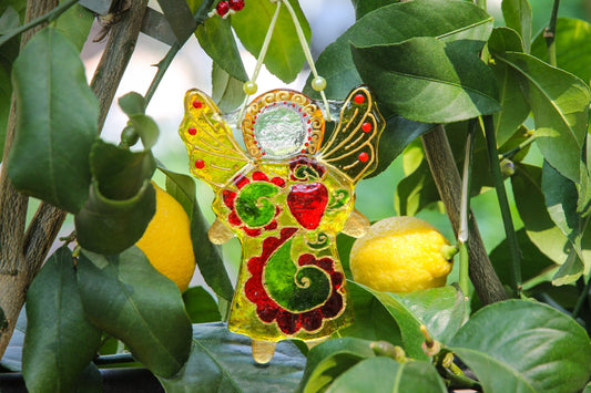 Guardian Angel of Love with Red Heart Glass Wall Art Suncatcher in Multicolored Spiral - Handmade Fused-Glass Decor
