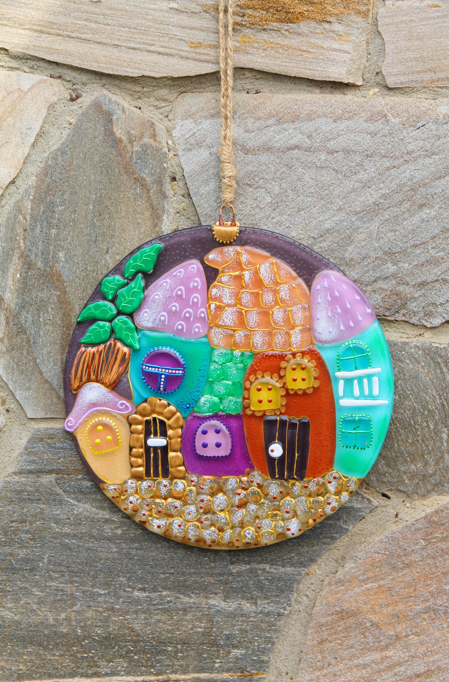 Fairytale City Glass Round Artwork Hand-Painted, 25 cm