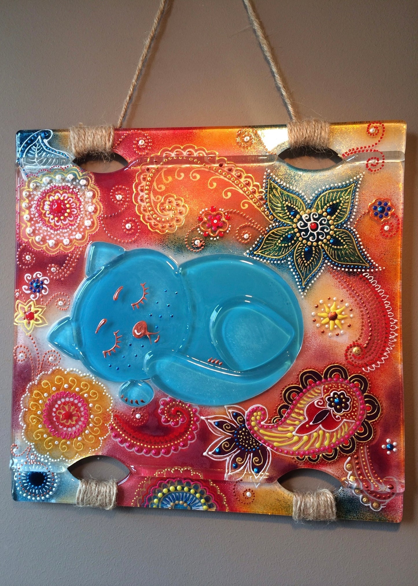 Heavenly Kitten Glass Panel Wall Art - Hand-Painted Fused-Glass Panel with Vibrant Colors and Whimsical Patterns, 26 cm