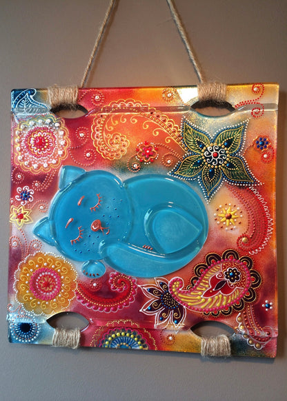 Heavenly Kitten Glass Panel Wall Art - Hand-Painted Fused-Glass Panel with Vibrant Colors and Whimsical Patterns, 26 cm