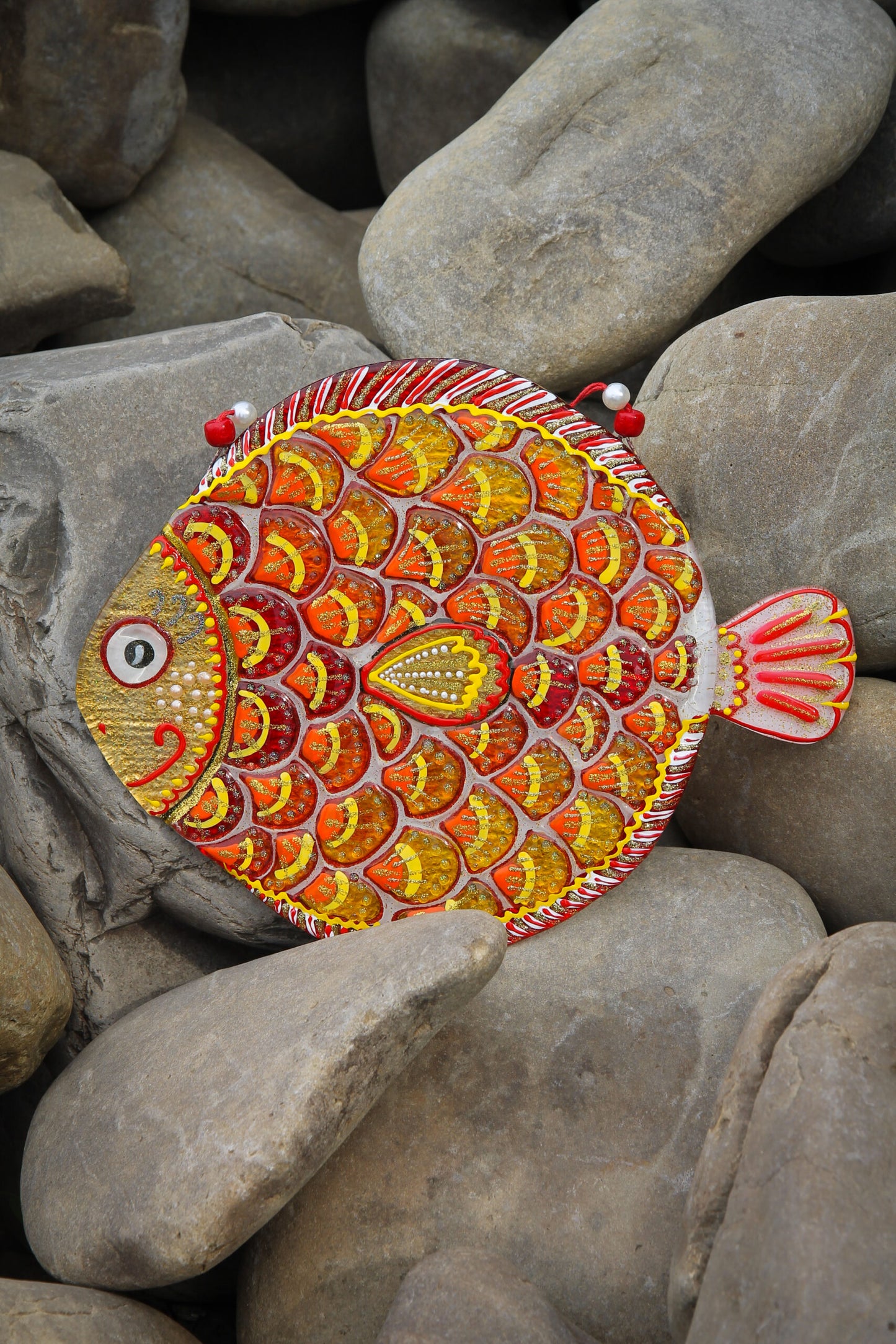 Big Fish Happiness Glass Artwork - Hand-Painted, Orange, 23 cm