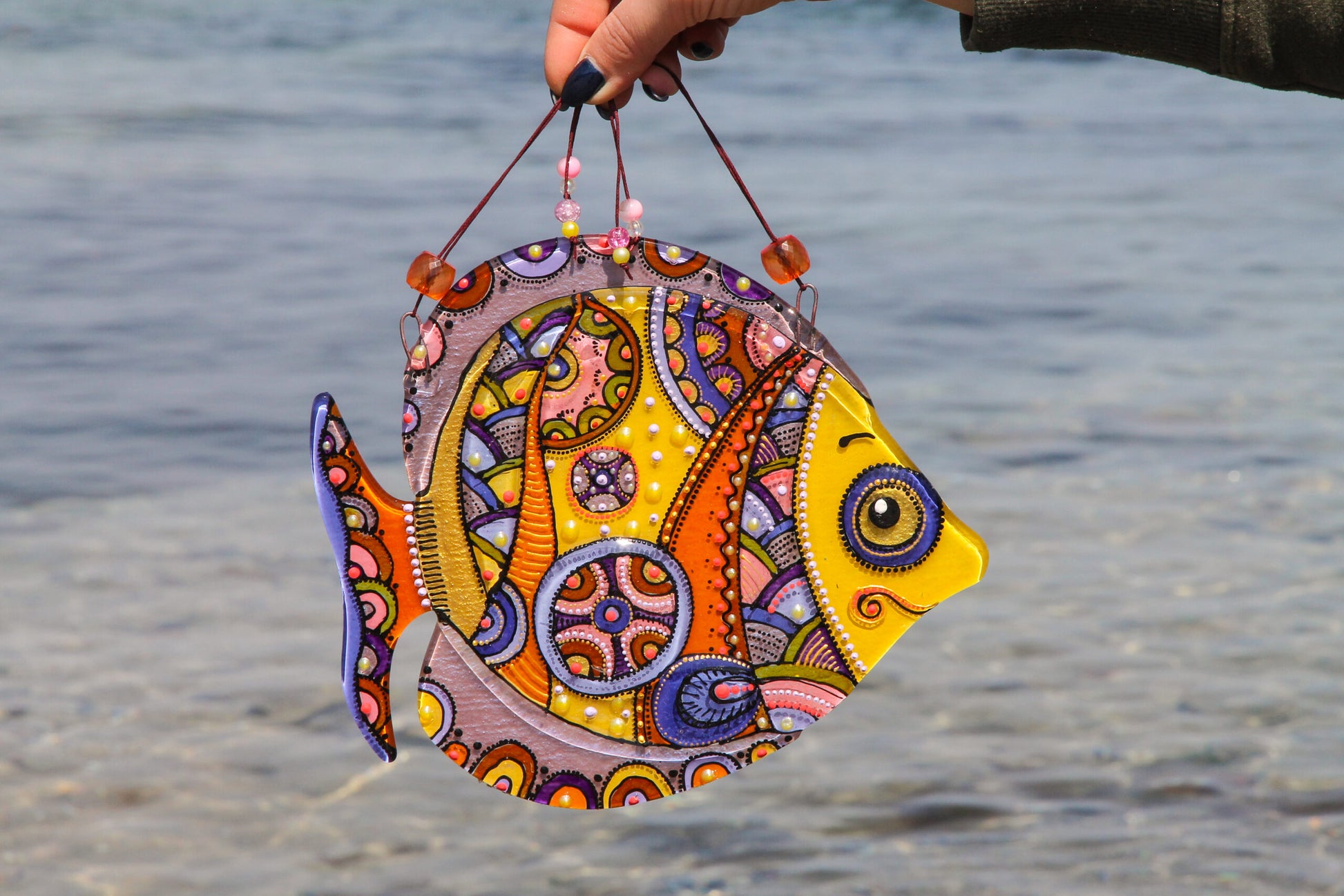 Big Fish - A Symbol of Happiness Glass Artwork - Hand-Painted Fused-Glass Decor with Captivating Patterns and Vibrant Colors, Yellow
