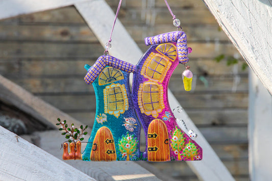 Lovely Houses Symbol of Family Unity Glass Artwork - Hand-Painted Fused-Glass Decor with Vibrant Colors and Intricate Patterns, Blue