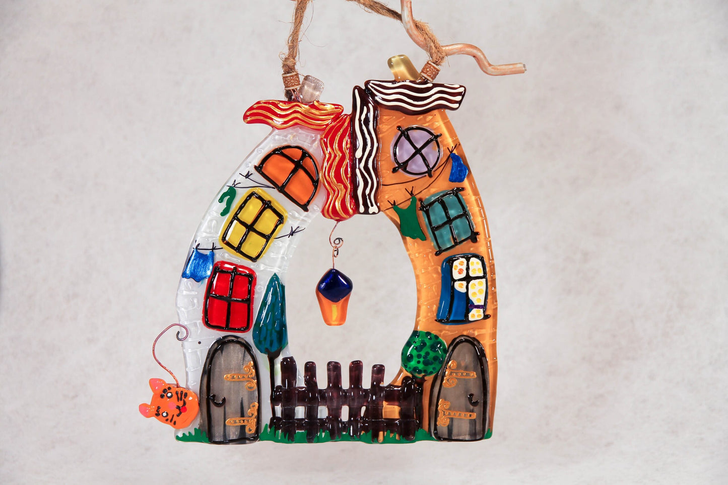Colorful Houses - A Symbol of Family Unity Radiant with the Lantern of Love Glass Artwork - Hand-Painted Fused-Glass Decor with Vibrant Colors and Intricate Patterns, Orange