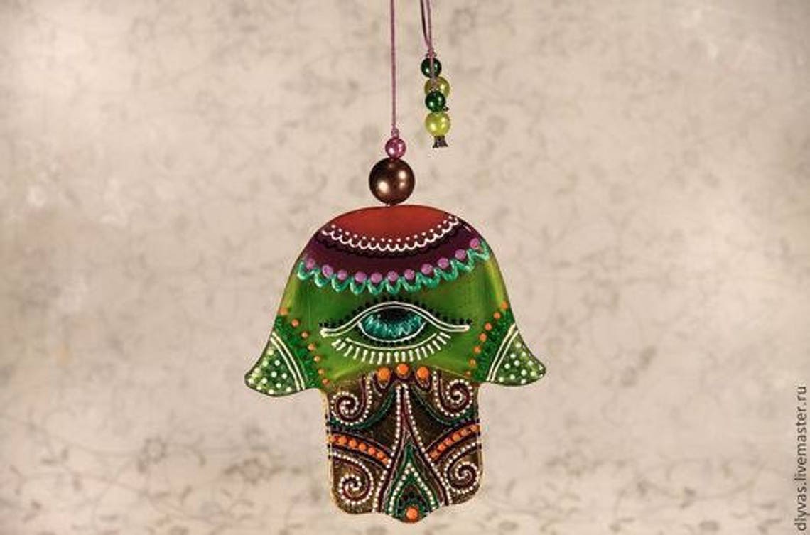 Hand-Painted Hamsa Glass Wall Art - Green & Brown, Symbol of Protection and Spiritual Energy