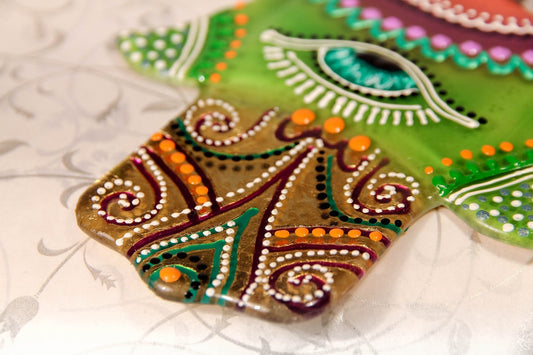 Hand-Painted Hamsa Glass Wall Art - Green & Brown, Symbol of Protection and Spiritual Energy