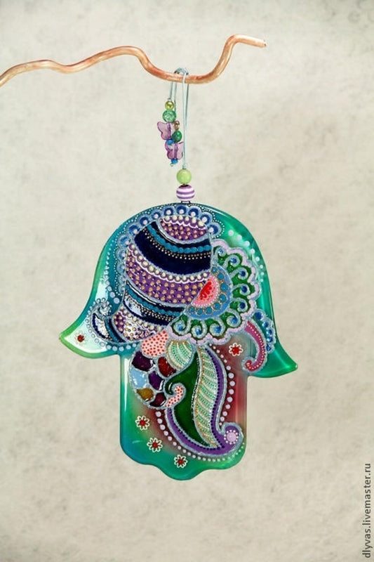 Hand-Painted Hamsa Glass Wall Art - Green & Purple, Symbol of Protection and Positive Energies