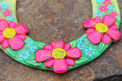Hand-Painted Glass Horseshoe with Flowers Wall Art - Yellow, 16 cm, Symbol of Good Luck and Prosperity
