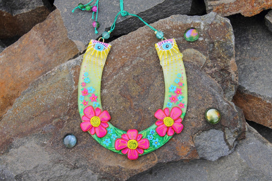 Hand-Painted Glass Horseshoe with Flowers Wall Art - Yellow, 16 cm, Symbol of Good Luck and Prosperity