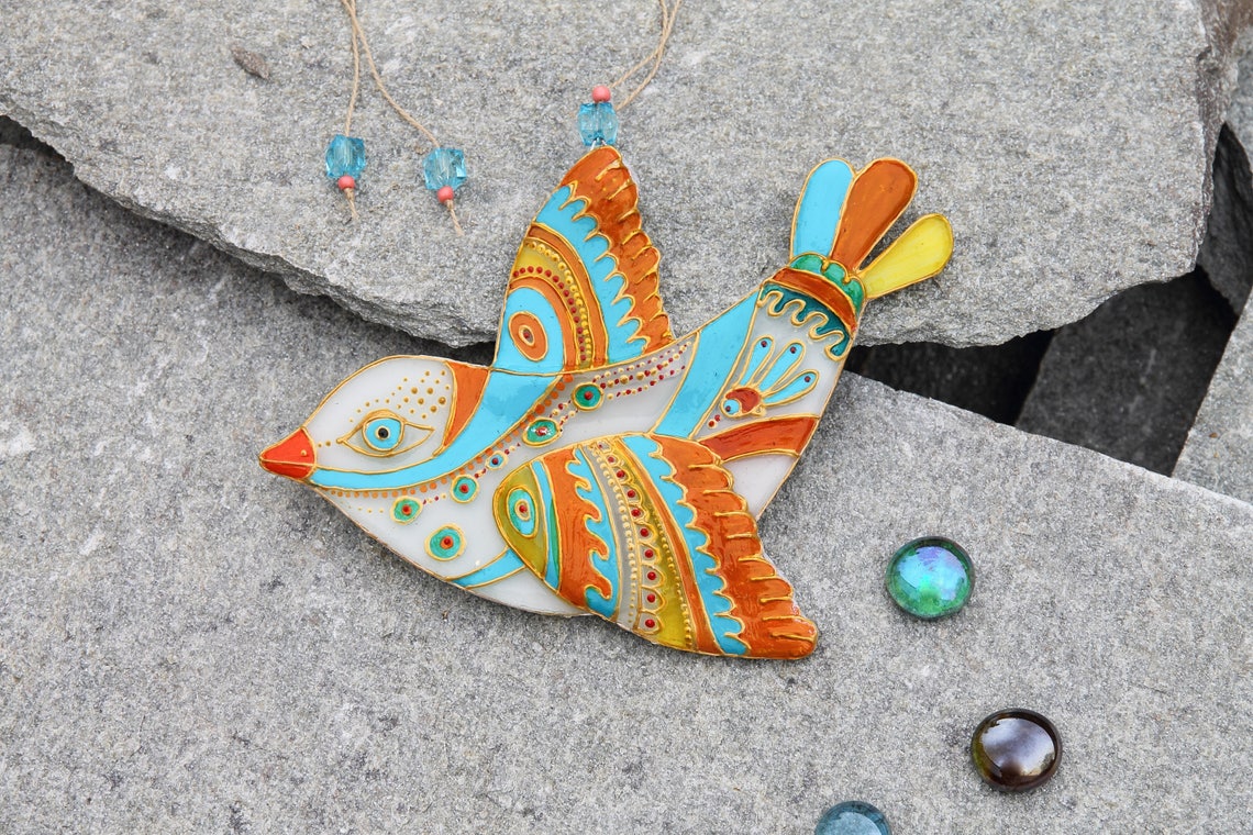 Elegant White Glass Bird Wall Art - Handmade, Resplendent Patterns, 13 cm - Now