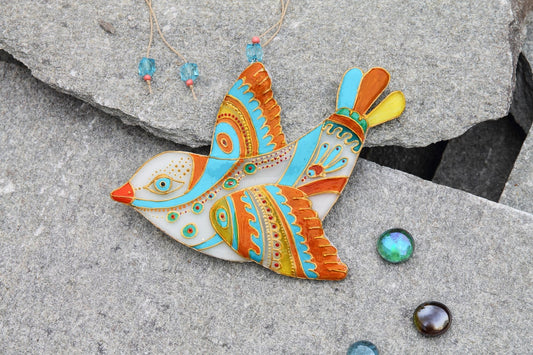 Elegant White Glass Bird Wall Art - Handmade, Resplendent Patterns, 13 cm - Now