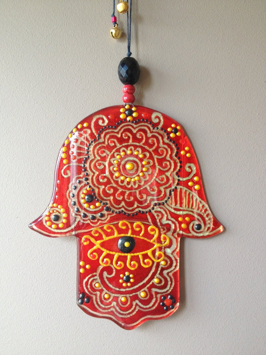 Hand-Painted Hamsa Glass Wall Art - Red & Gold, 15 cm, 18 cm, Symbol of Protection and Positive Energies