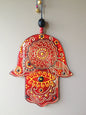 Hand-Painted Hamsa Glass Wall Art - Red & Gold, 15 cm, 18 cm, Symbol of Protection and Positive Energies