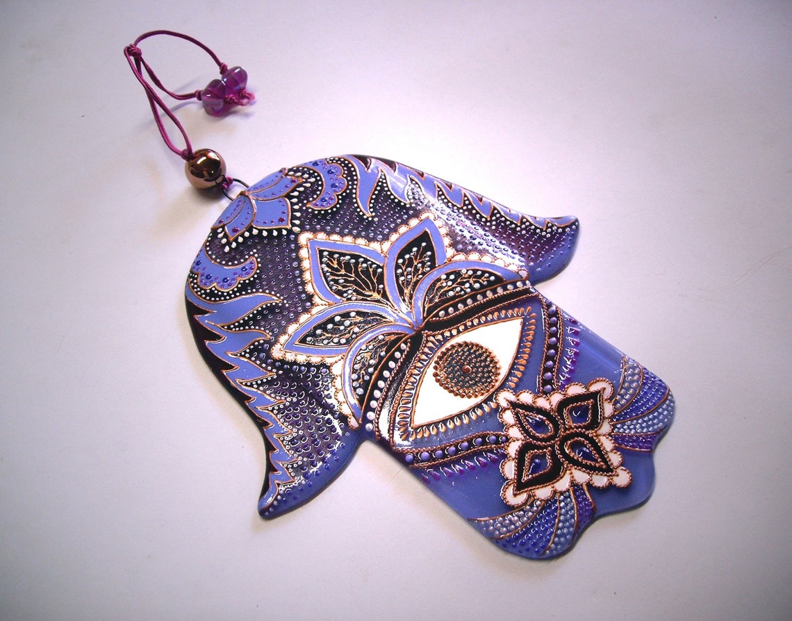 Hand-Painted Hamsa Glass Wall Art - Purple, 15 cm, 18 cm, Symbol of Protection and Positive Energy