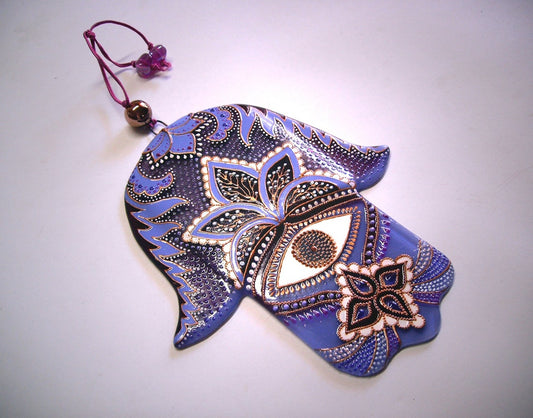 Hand-Painted Hamsa Glass Wall Art - Purple, 15 cm, 18 cm, Symbol of Protection and Positive Energy