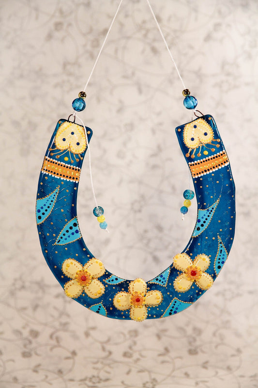 Hand-Painted Lucky Horseshoe with Flowers Wall Art - Blue, 16 cm, Symbol of Good Luck and Prosperity