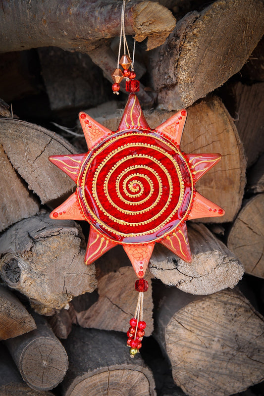Hand-Painted Mandala Symbol Talisman Glass Artwork - red Suncatcher, 14 cm, Spiritual Harmony and Personalized Design