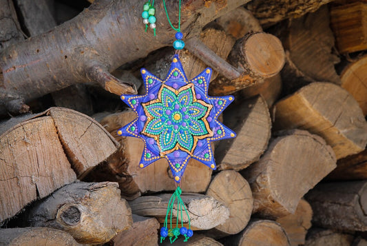 Hand-Painted Mandala Symbol Talisman Glass Artwork - Blue Suncatcher, 14 cm Diameter, Spiritual Harmony and Personalized Design