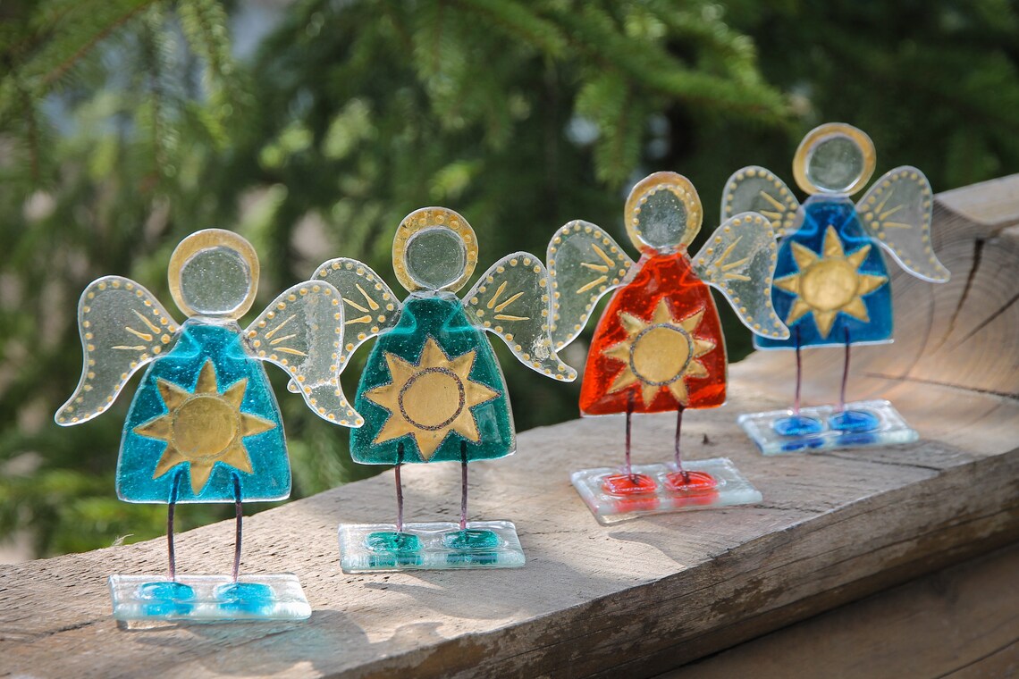 Guardian Angel of Sun Glass Art on a Stand - Handcrafted Celestial Masterpiece