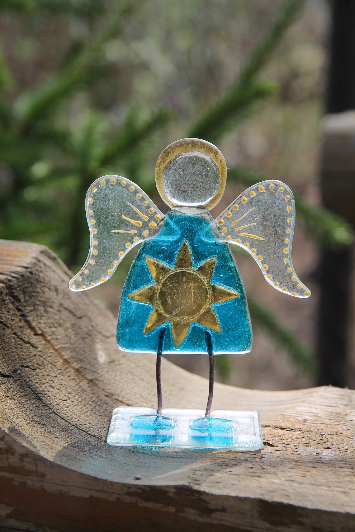 Guardian Angel of Sun Glass Art on a Stand - Handcrafted Celestial Masterpiece