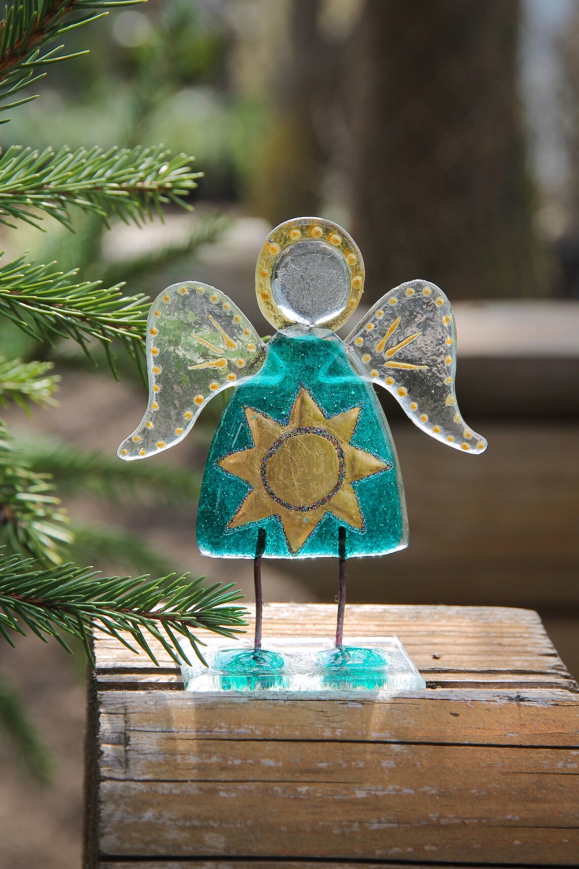 Guardian Angel of Sun Glass Art on a Stand - Handcrafted Celestial Masterpiece
