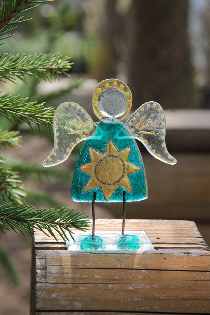 Guardian Angel of Sun Glass Art on a Stand - Handcrafted Celestial Masterpiece
