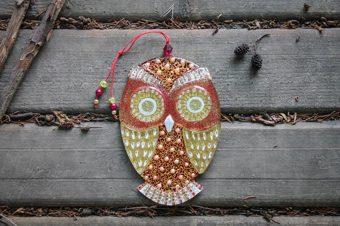 Fortune Owl Big Glass Wall Art - Handmade, Personalized Decor, Purple , 20 cm - Now