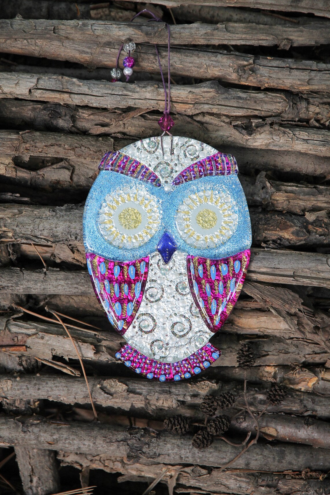 Fortune Owl Big Glass Wall Art - Handmade, Personalized Decor, Purple , 20 cm - Now