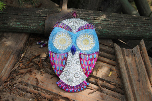 Fortune Owl Big Glass Wall Art - Handmade, Personalized Decor, Purple , 20 cm - Now